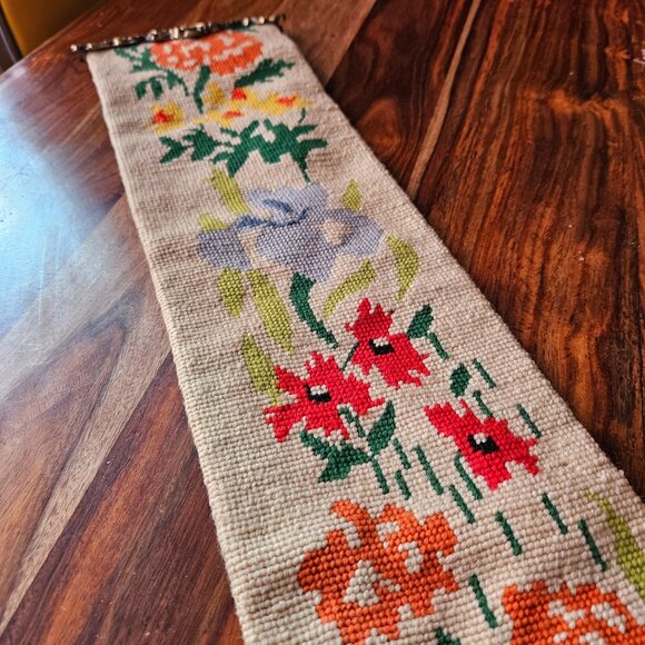 Vintage Scandinavian Hand Embroidered Floral Brass Wall Hanging Bell Pull 68" - Picture 6 of 9